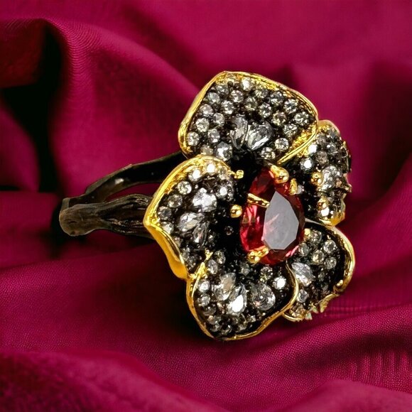 NEW Flower Cocktail Ring Sz.8 14K Black Gold Over S925 Silver Orchid Glam Fairy - Picture 13 of 13